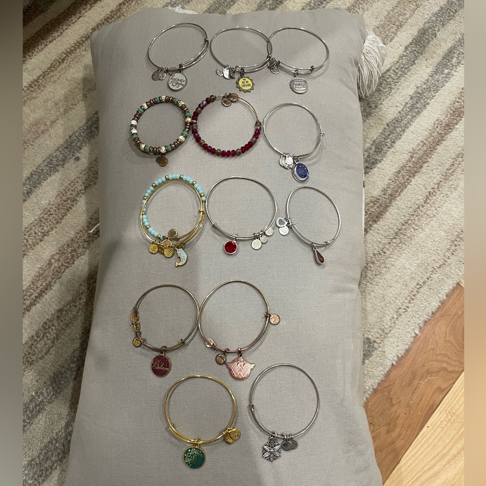 Alex and Ani bracelets set of 14 variety of gold and silver and beaded